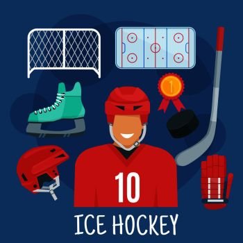 Hockey team label vector illustration. ice hockey player in helmet, uniform  and skates, puck with text. sport or fan