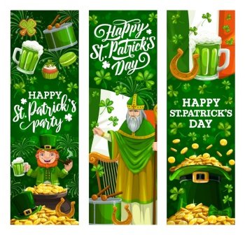 Happy Saint Patrick day, Celtic holiday celebration shamrock clover leaf  posters. Vector Eat, Drink and be Irish quote, leprechaun gold coins  cauldron Stock Vector Image & Art - Alamy