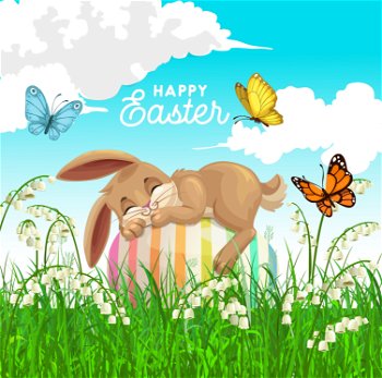 Happy Easter. Field with rabbit fishing Easter eggs, butterfly and flowers.  Stock Vector