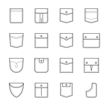 Outline patch pockets for shirts, cargo pants and denim jackets. Flap pocket  sewing patterns in different shapes, fabric patches vector set. Clothes  pieces for man and woman dressing Stock Vector