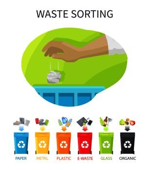 Image Details ING_38192_38568 - Waste Sorting Recycling Flat Banners Set .  Waste sorting bins for paper plastic glass and batteries 2 flat banners  with garbage collectors abstract vector illustration