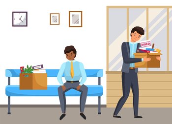 Employee man fired from job holding a box of personal belongings.  Unemployment, economic crisis, economic downturn, jobless, vector  illustration dismissed 9537506 Vector Art at Vecteezy