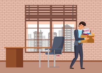 Employee man fired from job holding a box of personal belongings.  Unemployment, economic crisis, economic downturn, jobless, vector  illustration dismissed 9537506 Vector Art at Vecteezy