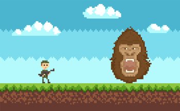 Design De Layout De Jogo Em Pixel Do King Kong. Gorila Ataca Humanidade  Segura Garota E Carro Em Suas Mãos Ilustração do Vetor - Ilustração de  retro, desenho: 214214068