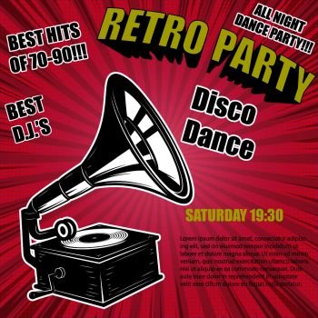 Retro party vintage poster template. Vintage style gramophone on