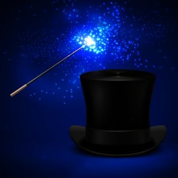 Realistic top hat. Magician symbols top hat and magical wand