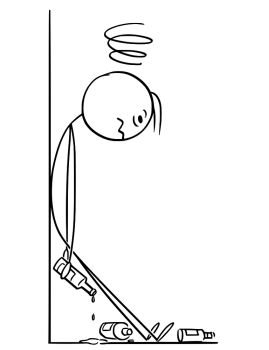 Image Details IST_17050_04962 - Cartoon stick figure drawing conceptual  illustration of drunk or sick or tired man leaning against wall.. Cartoon  of Sick, Tired or Drunk Man Leaning Against Wall