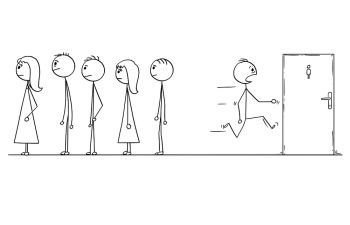 Image Details ISS_17050_01360 - Cartoon of Line of People Waiting in Queue.  Cartoon stick man drawing conceptual illustration of group of people waiting  in line or queue. Concept of stress and powerlessness.