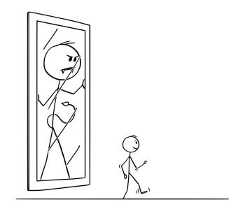 Image Details IST_17050_04573 - Cartoon stick figure drawing conceptual  illustration of angry man with hammer pointing and blaming yourself or his  reflection in mirror.. Cartoon of Angry Man With Hammer Blaming Yourself
