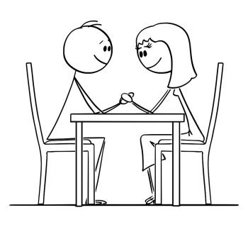 Image Details IST_17050_04988 - Cartoon stick figure drawing conceptual  illustration of loving couple of man and woman sitting behind table in  restaurant and watching waiter pouring wine in glasses.. Cartoon of Loving