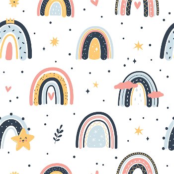 Rainbow seamless pattern with clouds, gentle background for girls