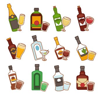 Set drink alcohol glass for beer, whiskey, wine, tequila, cognac,  champagne, brandy, cocktails, liquor. Vector illustration isolated on white  background., Stock vector