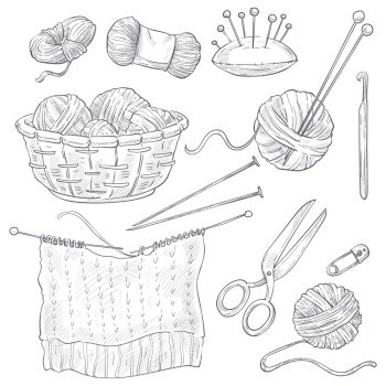 Sewing notions. Hand drawn thread, needle, scissors, ball of yarn, knitting  needles, crochet. Vector illustration Stock Vector