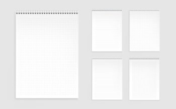 Realistic notebook cover mockup and paper pages with lines and grid.  Sketchbook blank sheet. Dotted diary book. Notebook vector template set, Stock vector