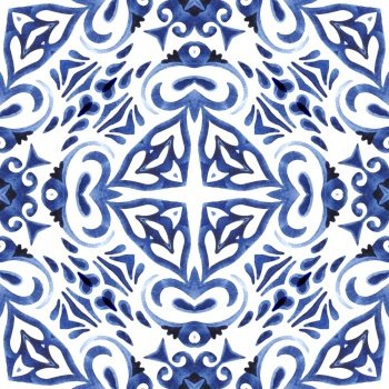 Hand Drawn Damask Tile Abstract Blue And White Watercolor Paint