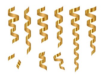 Gold Streamers Set. Golden Serpentine Ribbons, Isolated On