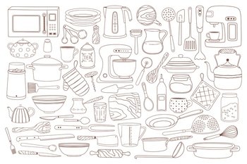 Sketch kitchen tools cooking utensils hand drawn vector image on
