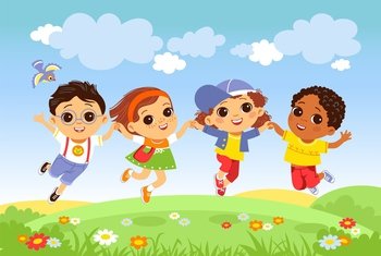 Kids jumping. Happy diverse children jump, summer activities. Kid  friendship, cartoon school child playing outdoor decent vector characters  Stock Vector Image & Art - Alamy