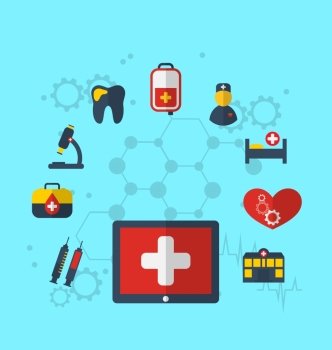 Illustration tablet pc with medical icons for web design  modern flat style - vector
