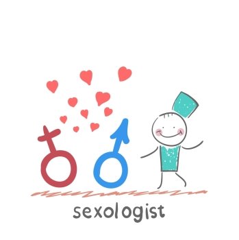 Sexologist holding signs  male and female Fun cartoon style illustration The situation of life