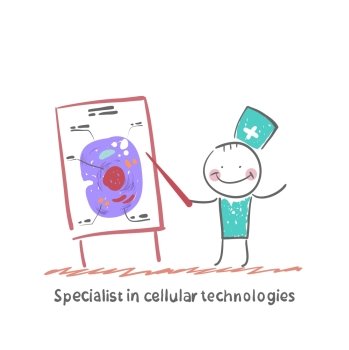 Specialist in cellular technologies speaks cells Fun cartoon style illustration The situation of life