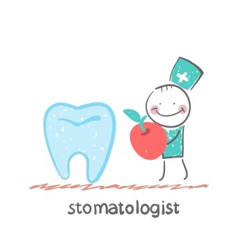 stomatologist    with apple standing near a large tooth
