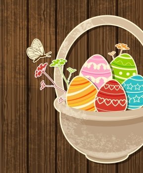 Vector wooden Easter background with eggs in basket