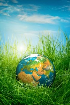 Globe lies on green grass Concept - Earth Day
