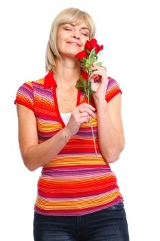 Happy senior woman enjoying red rose