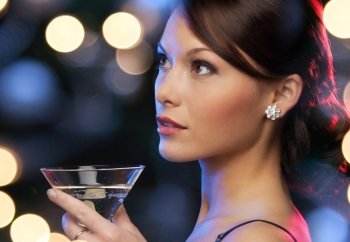 luxury  vip  nightlife  party concept - beautiful woman in evening dress with cocktail