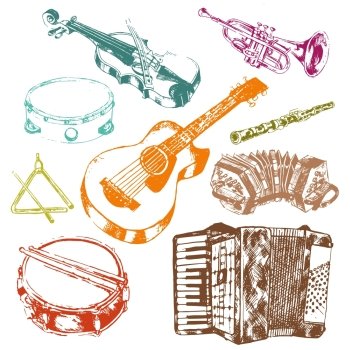 Classic musical concert instruments icons set of key accordion fiddle drum color doodle sketch vector isolated illustration