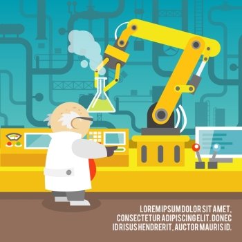 Robotic arm assemble line mechanic manufacturing with scientist factory robot operator production concept vector illustration