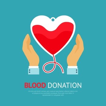 Blood donation poster with hands holds transfusion equipment in heart shape vector illustration