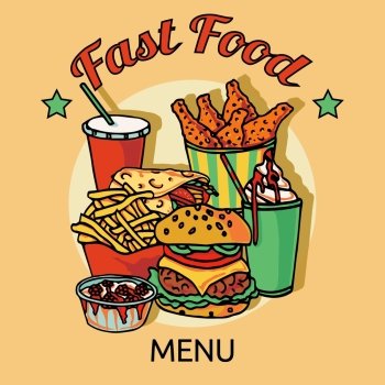Fast food  restaurants hain menu advertisement poster with chicken hamburger soda drink and hotdog abstract vector illustration Fast food chain menu 
