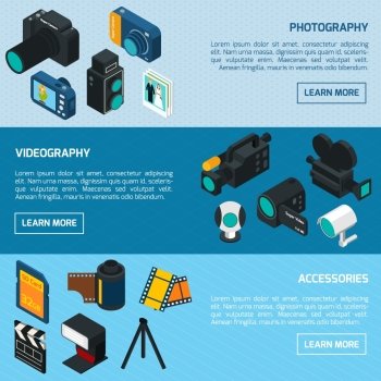 Photo and video horizontal banners set with photography videography and accessory isometric elements isolated vector illustration Photo And Video Ban