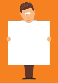 Cartoon illustration of a man holding a big white blank sign