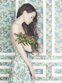 Fashion art photo of elegant lady on floral background