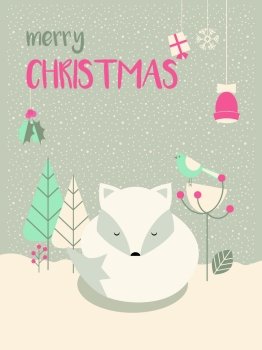 Cute Arctic Christmas sleepy baby fox surrounded with floral decoration  vector illustration