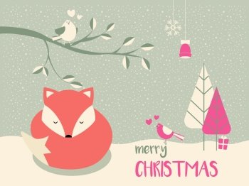 Cute Christmas sleepy baby fox surrounded with floral decoration  vector illustration