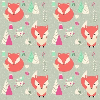 Seamless pattern with cute Christmas baby fox surrounded with floral decoration  vector illustration