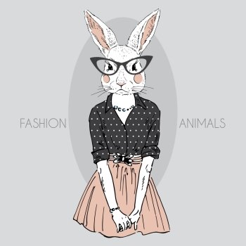 anthropomorphic design fashion illustration of bunny girll dressed up in hipster style