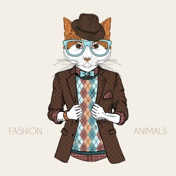 anthropomorphic design fashion illustration of cat dressed up in hipster style