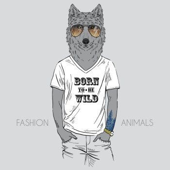 Anthropomorphic design Illustration of wolf dressed up in t-shirt with quote