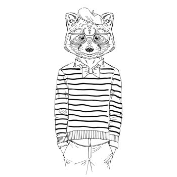 Illustration of dressed up raccoon  french chic style