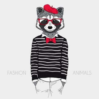 Illustration of dressed up raccoon  french chic style