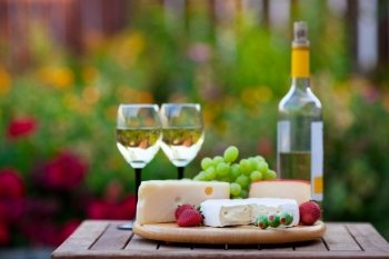 A wine   cheese garden party for two  Shallow depth of field