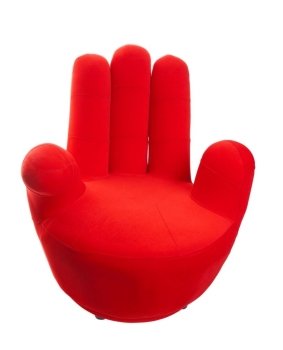 A red chair in the shape of a hand  Shot on white background