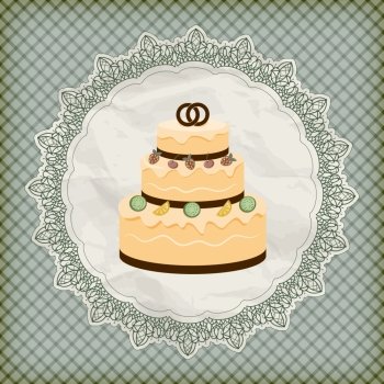 vector retro wedding invitation with big wedding cake on lacy napkin