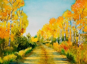 An original watercolor painting inspired by a beautiful   Autumn colored  back road in Northern Saskatchewan