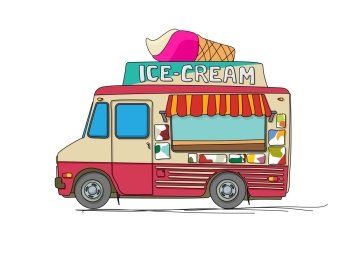 Ice cream truck cartoon drawing over white